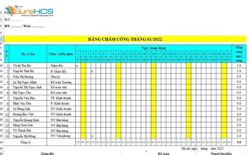 Mẫu bảng chấm công